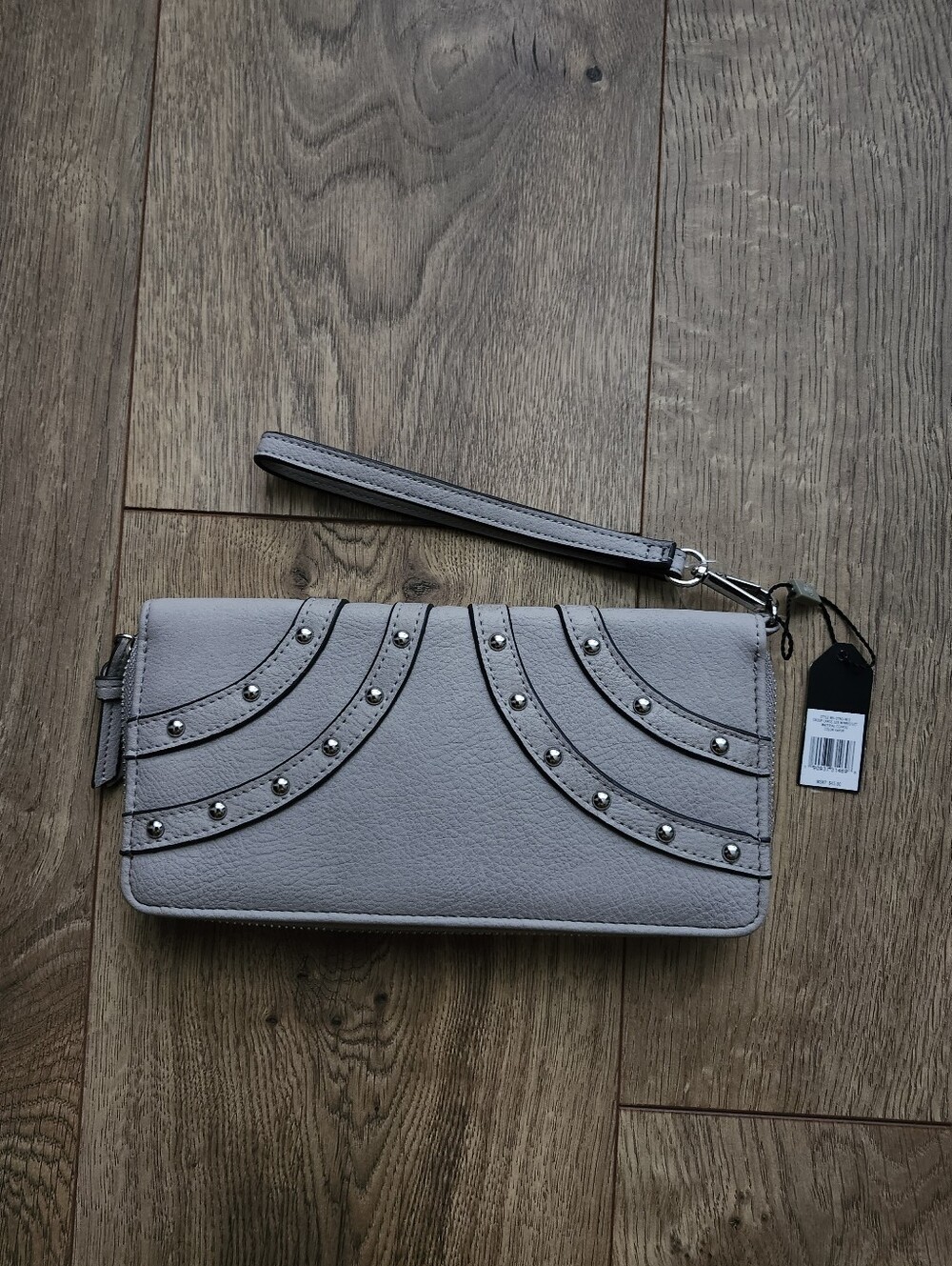 Max Studio Wristlet Clutch in Light Gray with Stud Accents